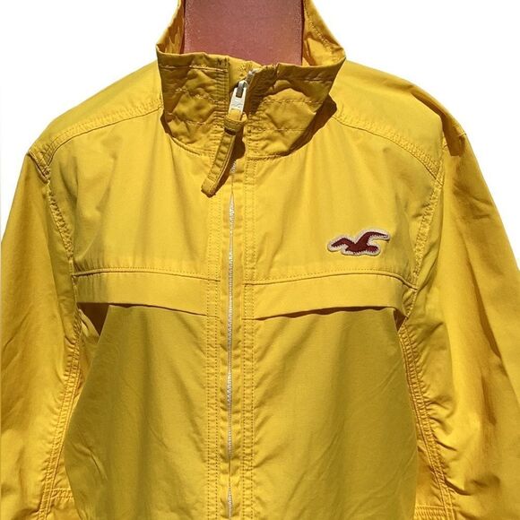 HOLLISTER MENS XL YELLOW WIND BREAKER RAIN COAT JACKET ZIP UP WATER RESISTANT - Picture 4 of 7